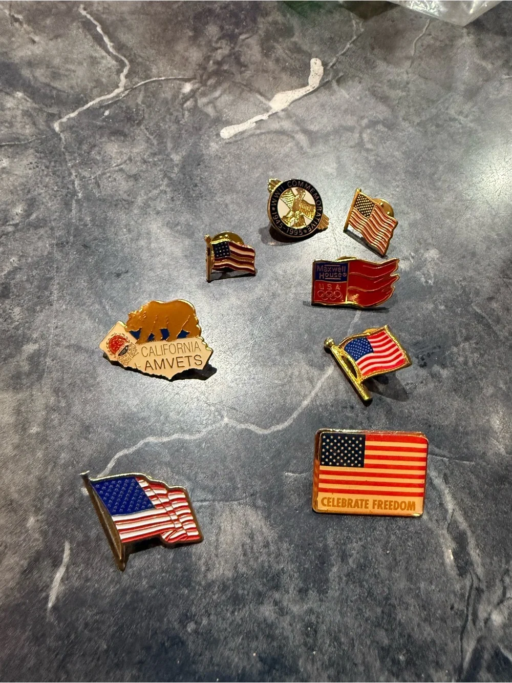 USA Patriotic American Flag Lapel Pin Set Red White Blue WW2 Comm Maxwell House